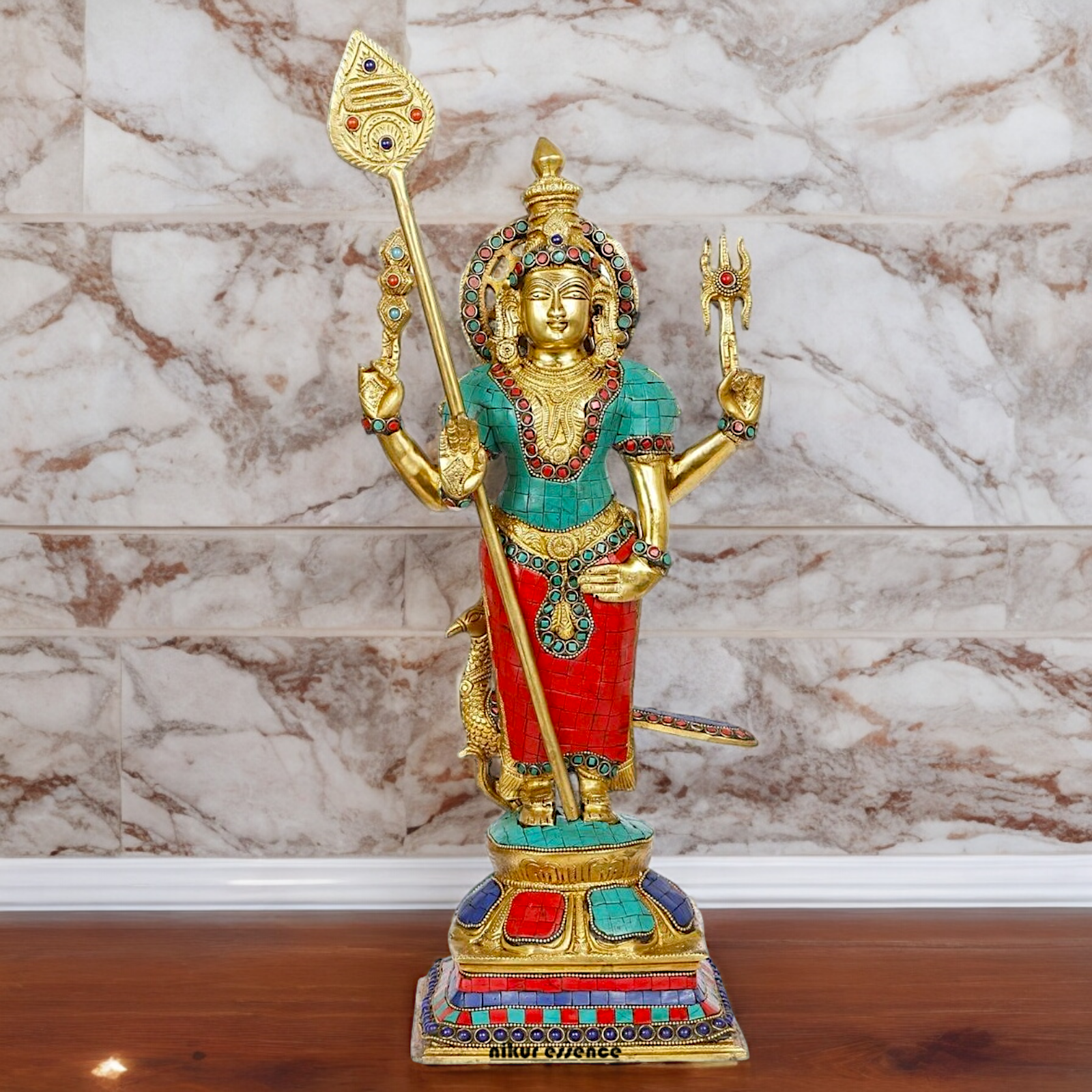 Lord Kartikeya Murugan Standing Brass Idol with Stone Work - 18 Inches Nikuressence