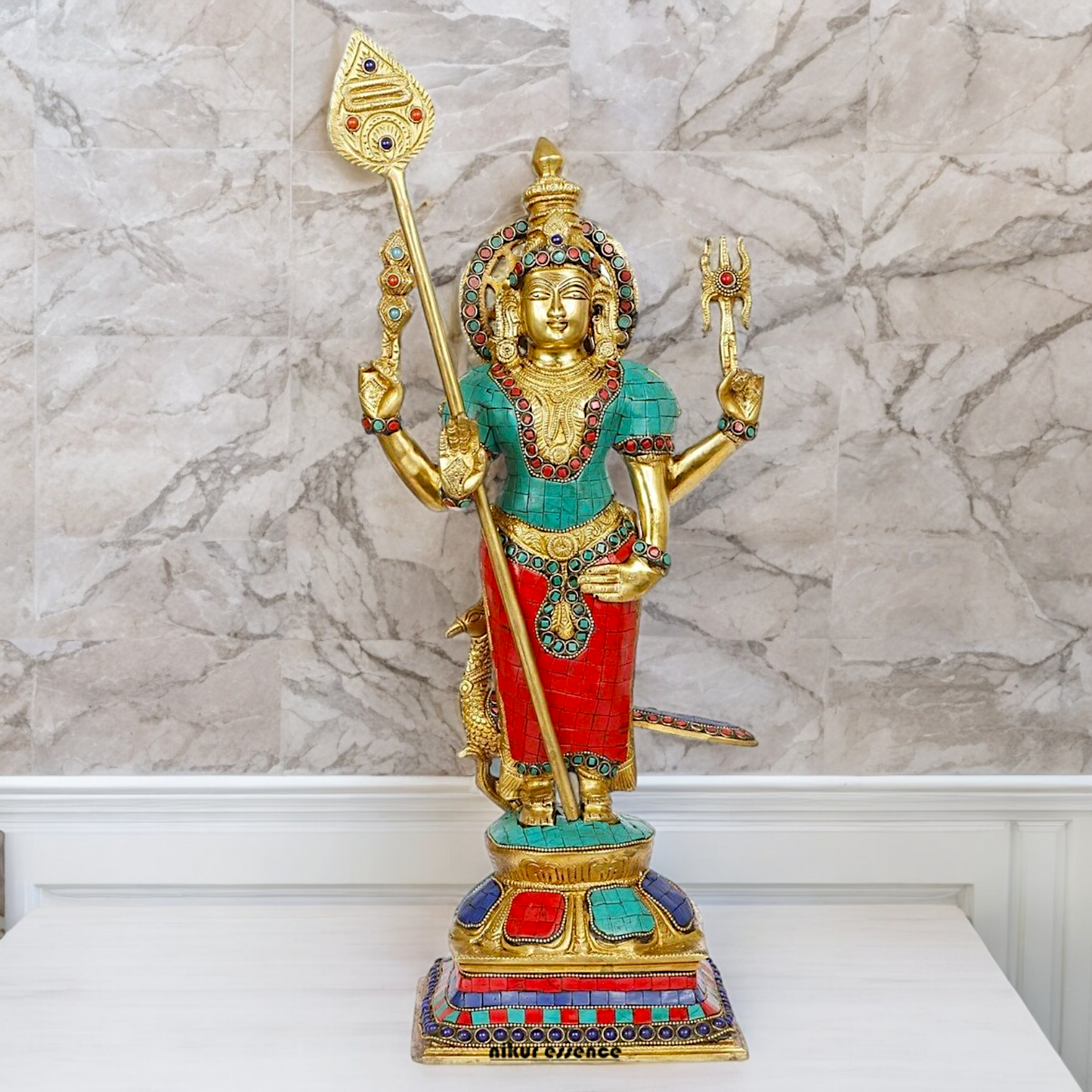 Lord Kartikeya Murugan Standing Brass Idol with Stone Work - 18 Inches Nikuressence