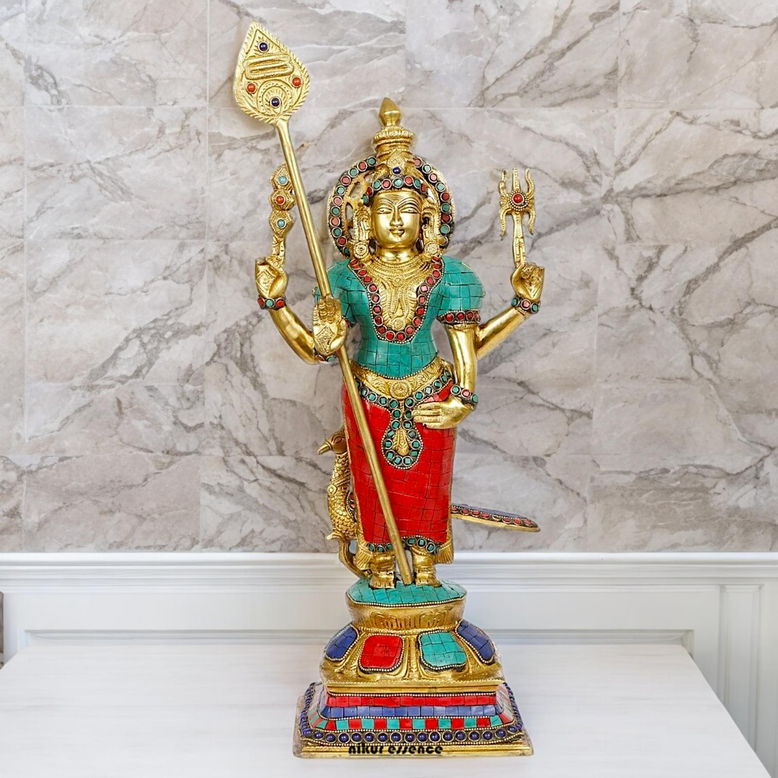 Lord Kartikeya Murugan Standing Brass Idol with Stone Work - 18 Inches Nikuressence