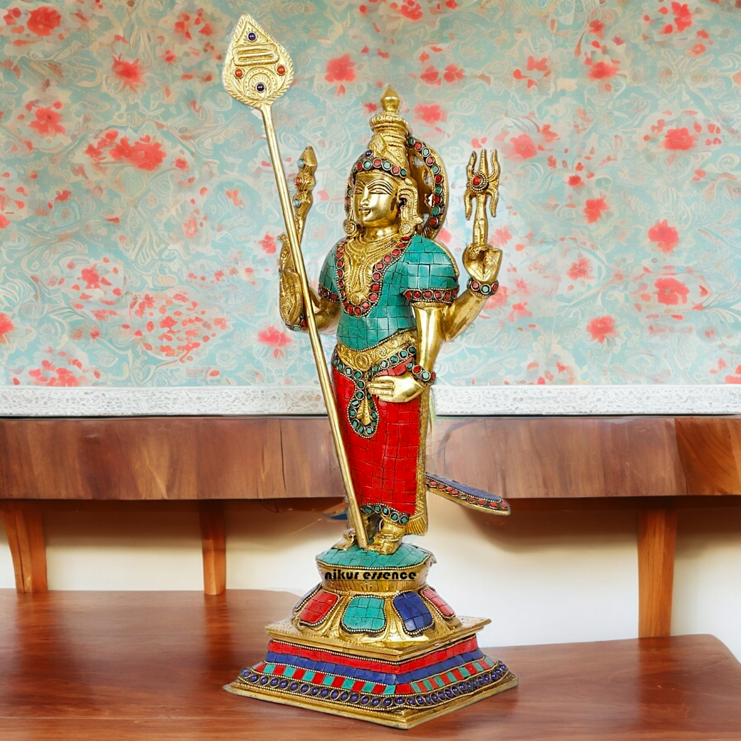 Lord Kartikeya Murugan Standing Brass Idol with Stone Work - 18 Inches Nikuressence