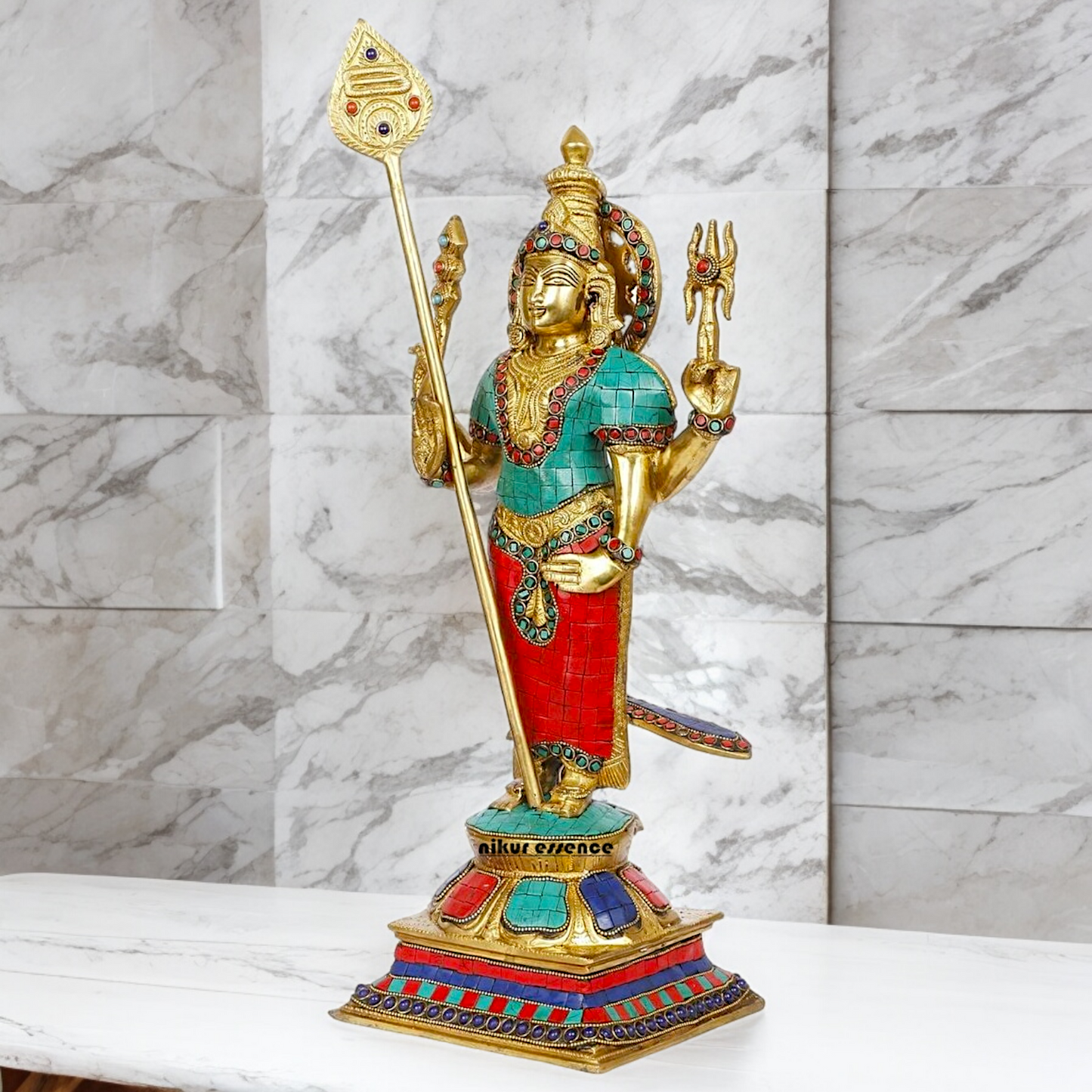 Lord Kartikeya Murugan Standing Brass Idol with Stone Work - 18 Inches Nikuressence