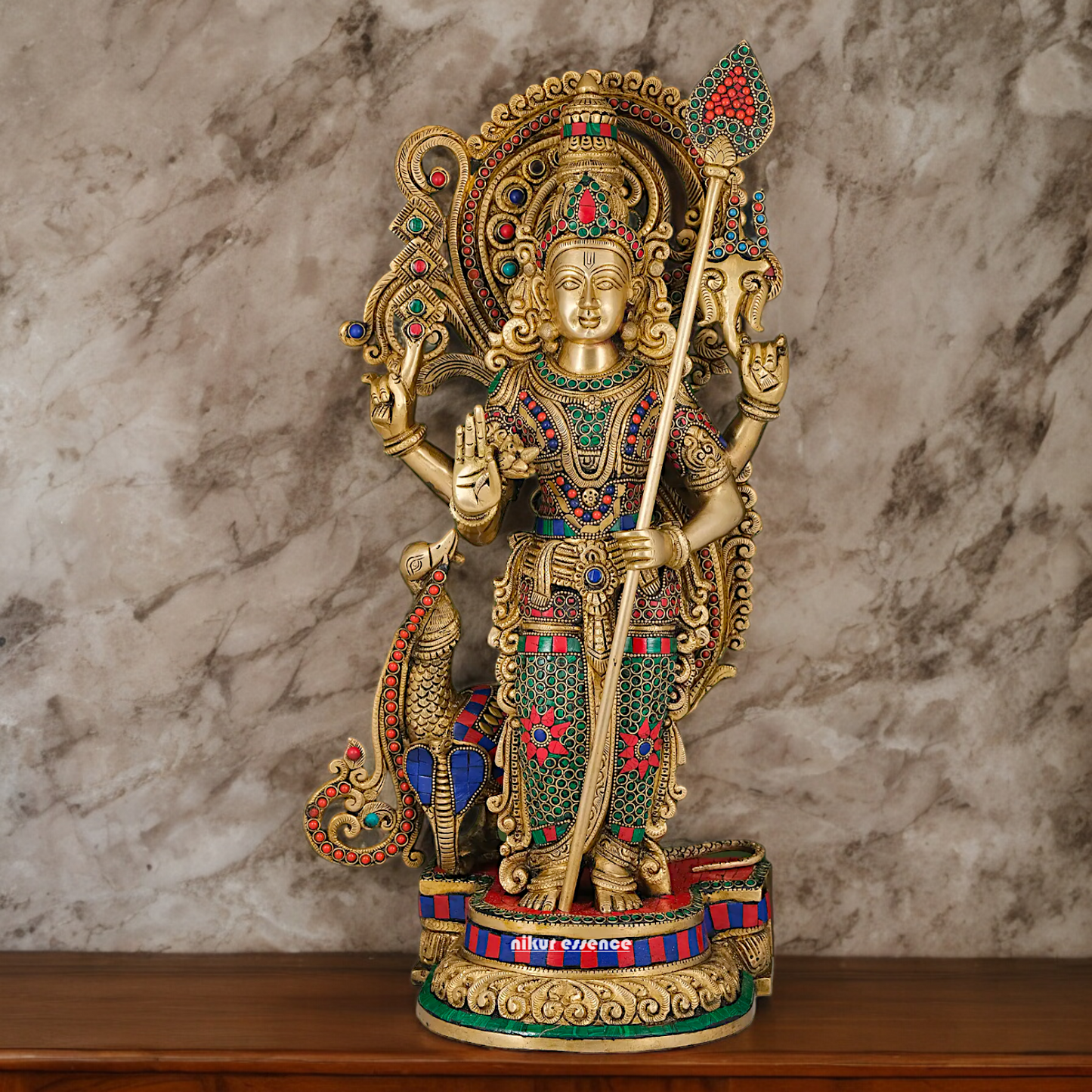 Large Kartikeya Murugan Standing Brass Idol with Stone Work - 20 inches Nikuressence