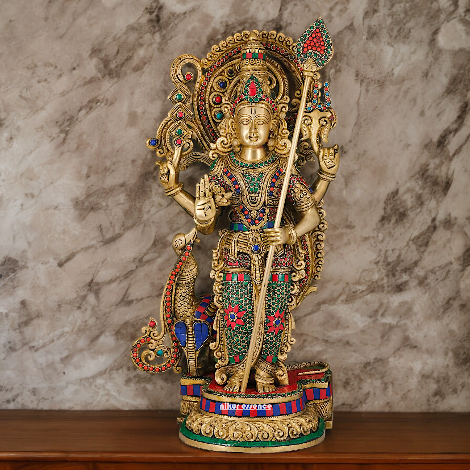 Large Kartikeya Murugan Standing Brass Idol with Stone Work - 20 inches Nikuressence