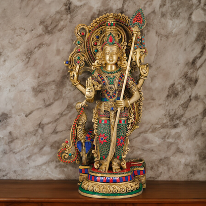 Large Kartikeya Murugan Standing Brass Idol with Stone Work - 20 inches Nikuressence