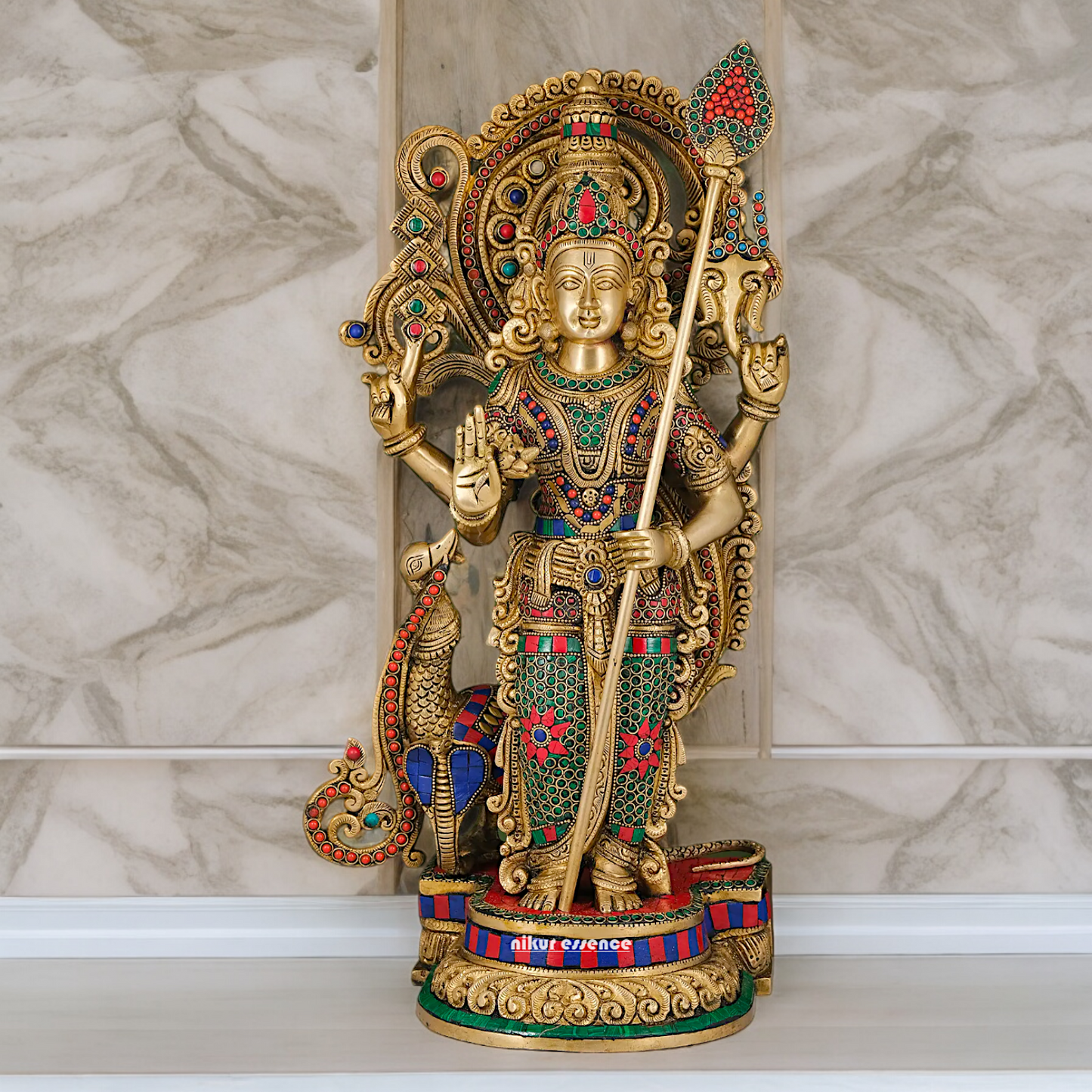 Large Kartikeya Murugan Standing Brass Idol with Stone Work - 20 inches Nikuressence