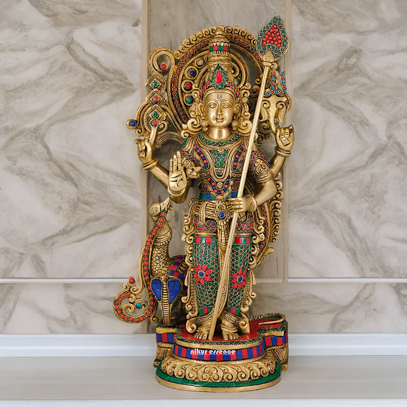 Large Kartikeya Murugan Standing Brass Idol with Stone Work - 20 inches Nikuressence