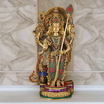 Large Kartikeya Murugan Standing Brass Idol with Stone Work - 20 inches Nikuressence