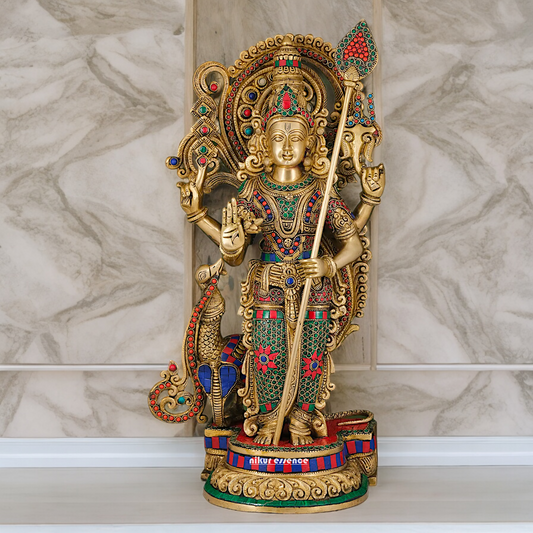 Large Kartikeya Murugan Standing Brass Idol with Stone Work - 20 inches Nikuressence