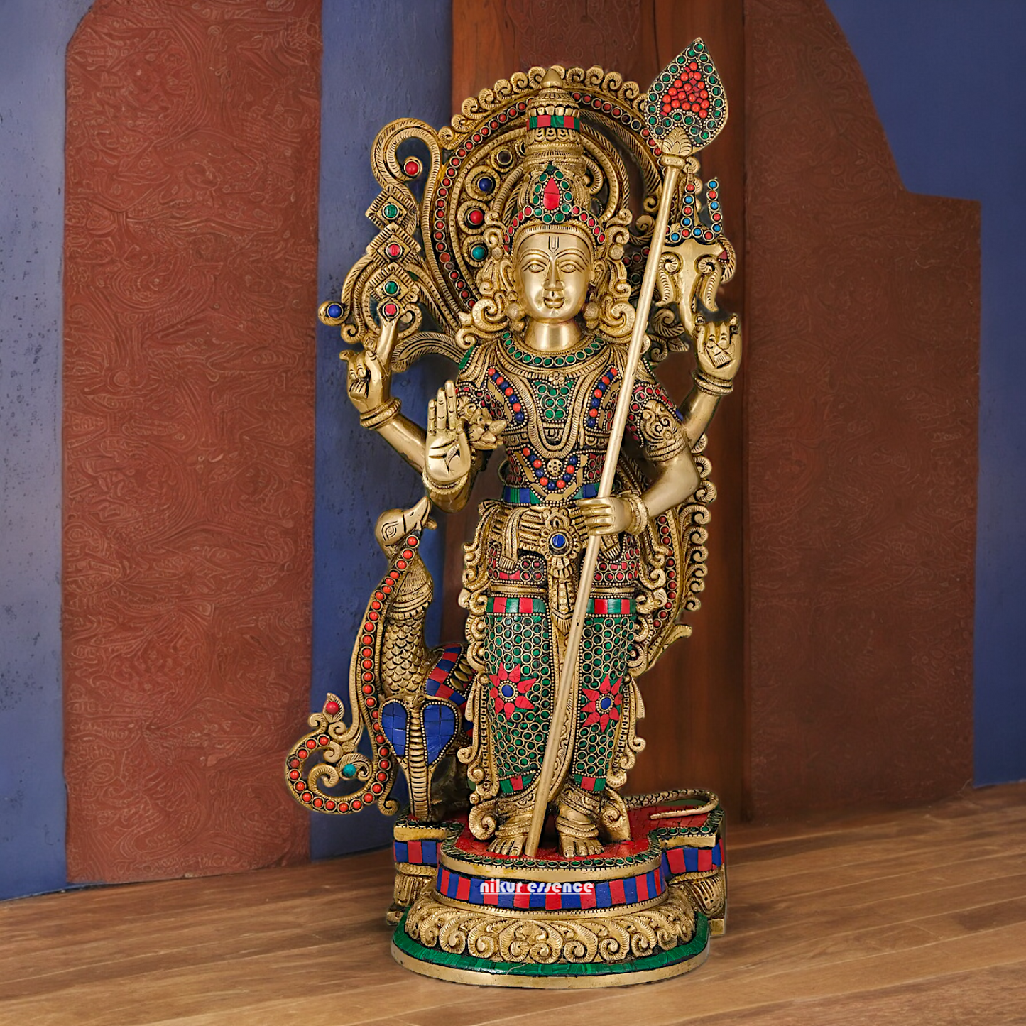 Large Kartikeya Murugan Standing Brass Idol with Stone Work - 20 inches Nikuressence