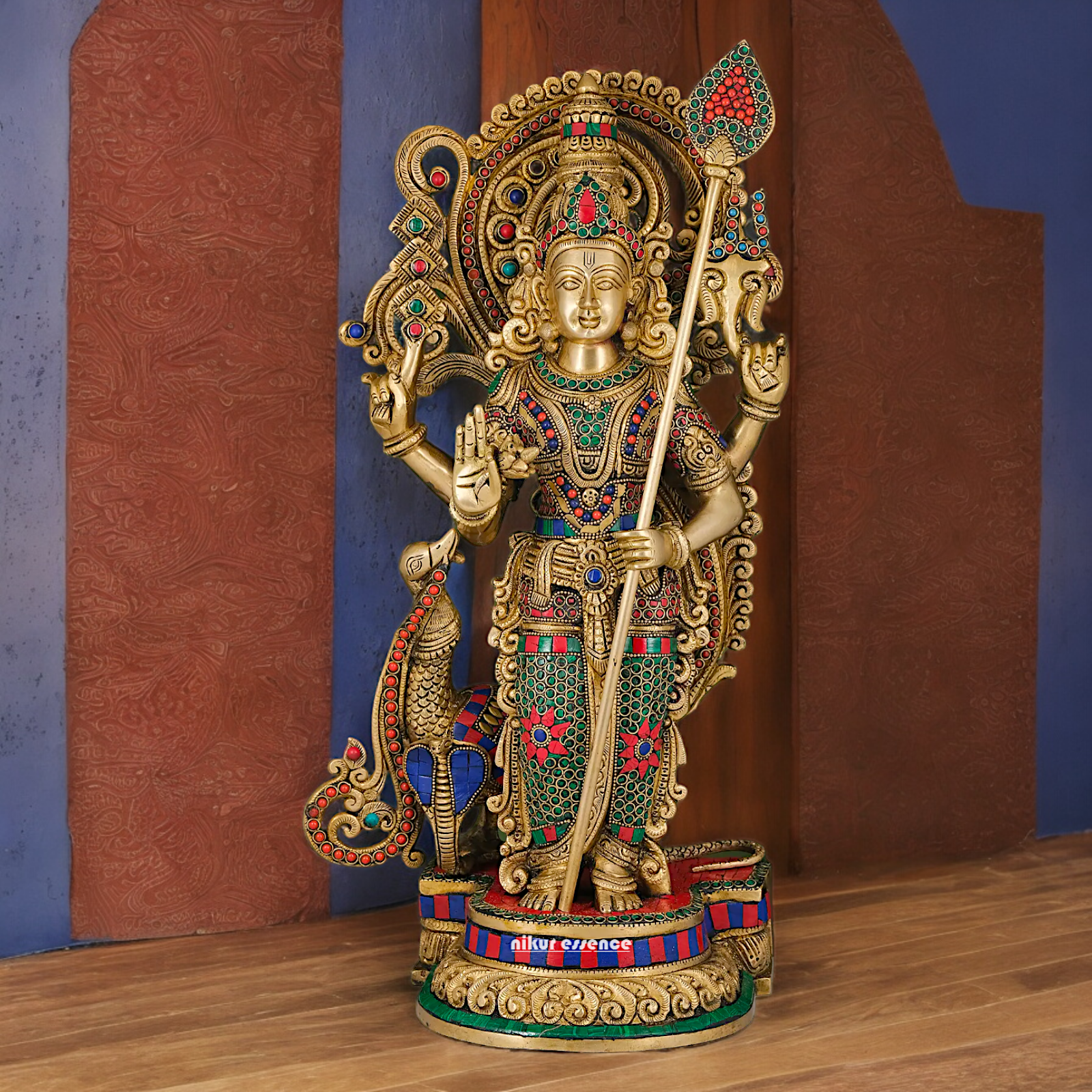 Large Kartikeya Murugan Standing Brass Idol with Stone Work - 20 inches Nikuressence