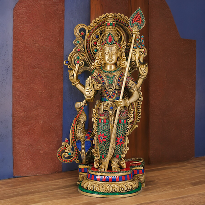 Large Kartikeya Murugan Standing Brass Idol with Stone Work - 20 inches Nikuressence