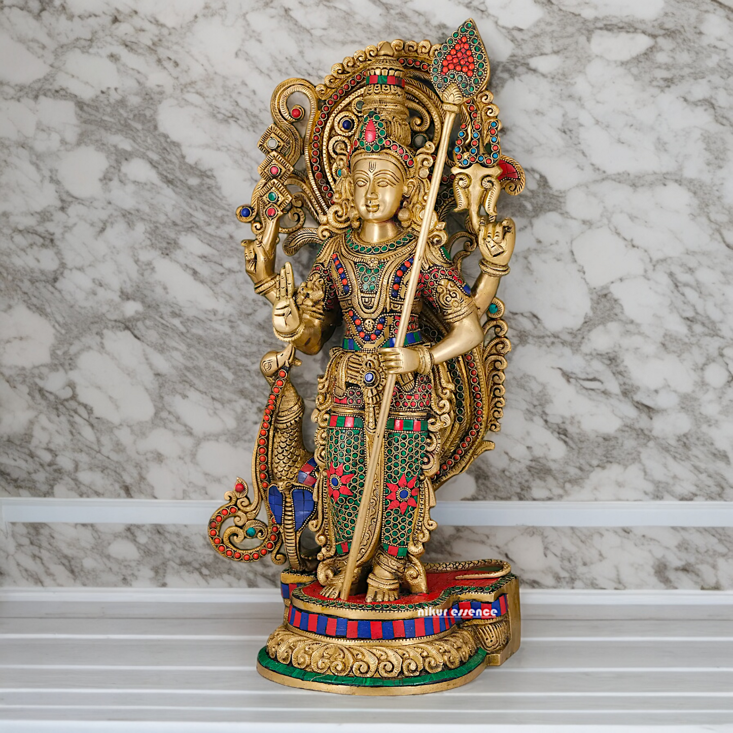 Large Kartikeya Murugan Standing Brass Idol with Stone Work - 20 inches Nikuressence