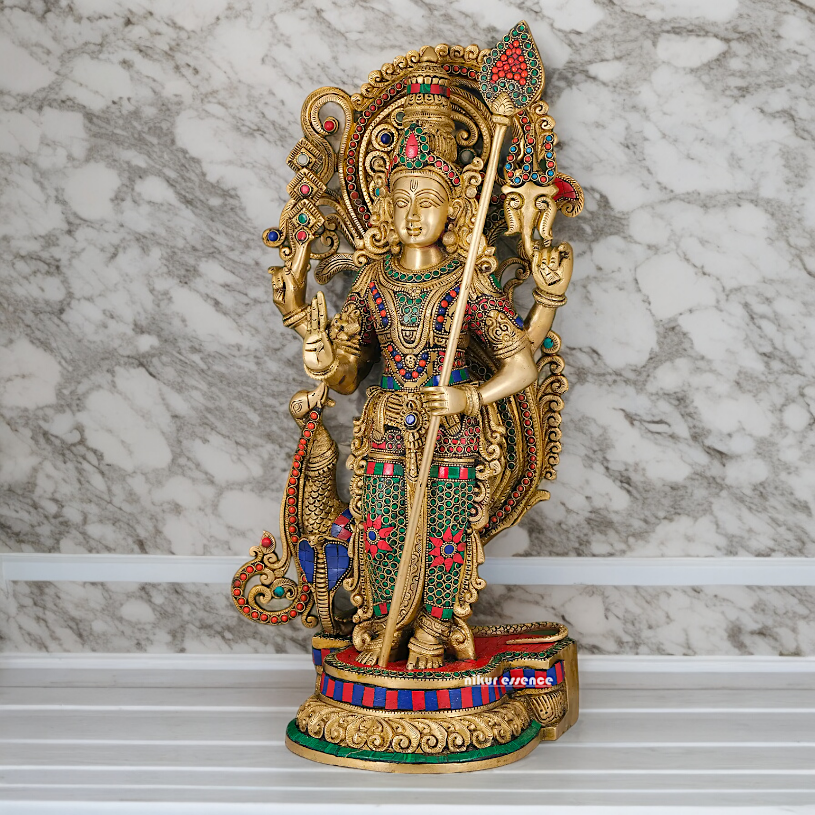 Large Kartikeya Murugan Standing Brass Idol with Stone Work - 20 inches Nikuressence