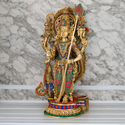 Large Kartikeya Murugan Standing Brass Idol with Stone Work - 20 inches Nikuressence