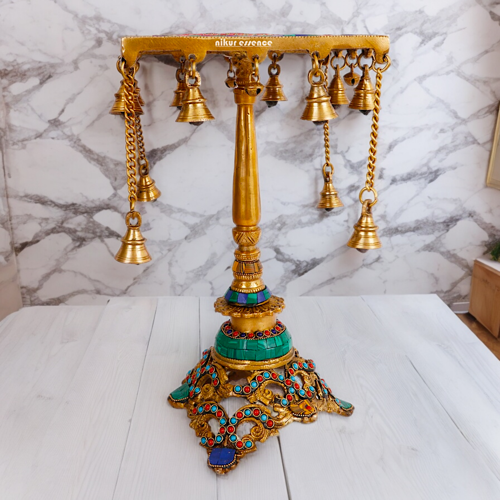 Large Brass Chowki Table with Stone Work - 14 inches Nikuressence