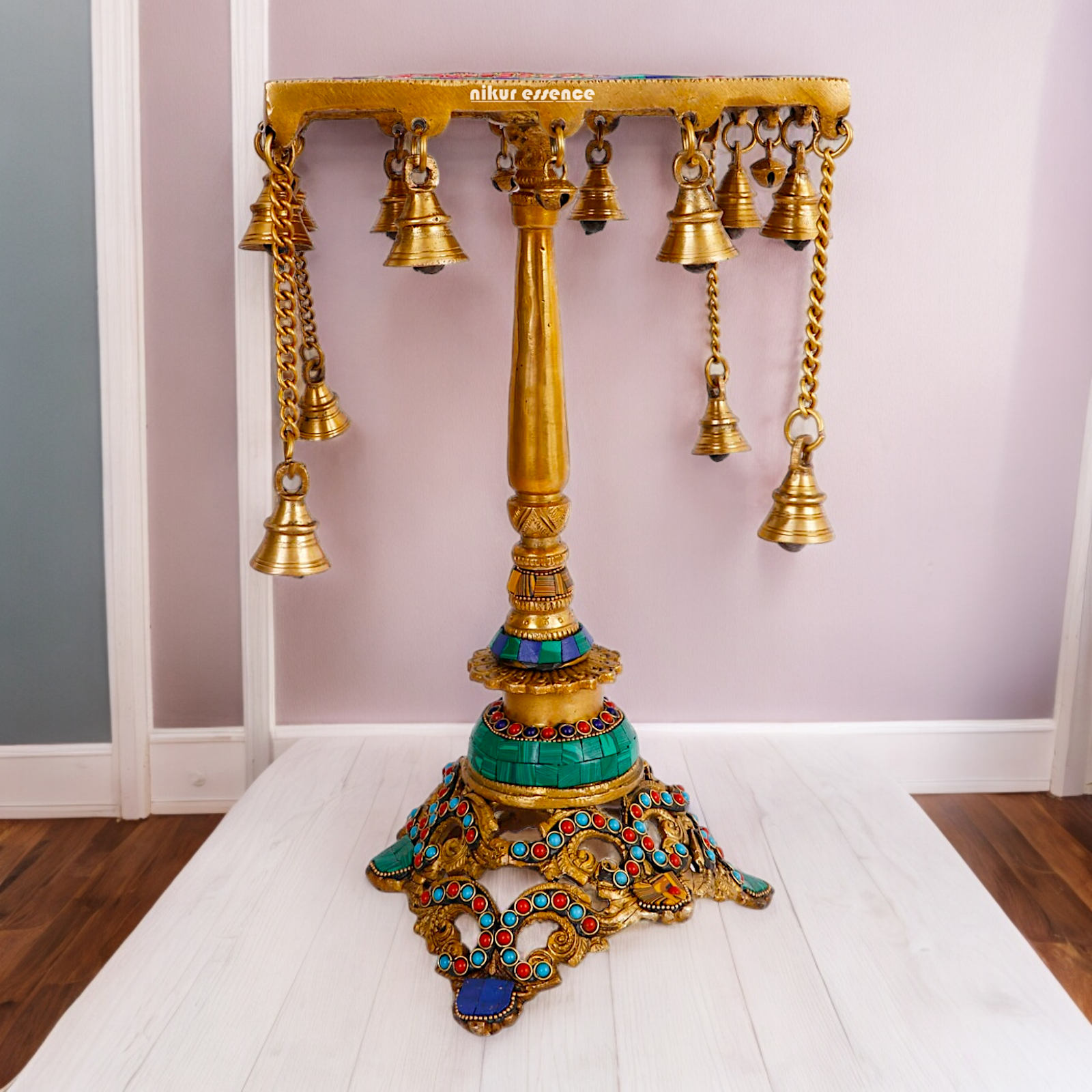 Large Brass Chowki Table with Stone Work - 14 inches Nikuressence