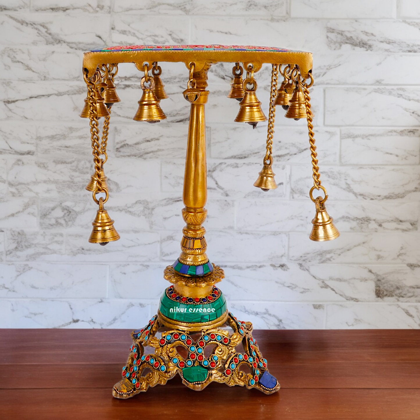 Large Brass Chowki Table with Stone Work - 14 inches Nikuressence