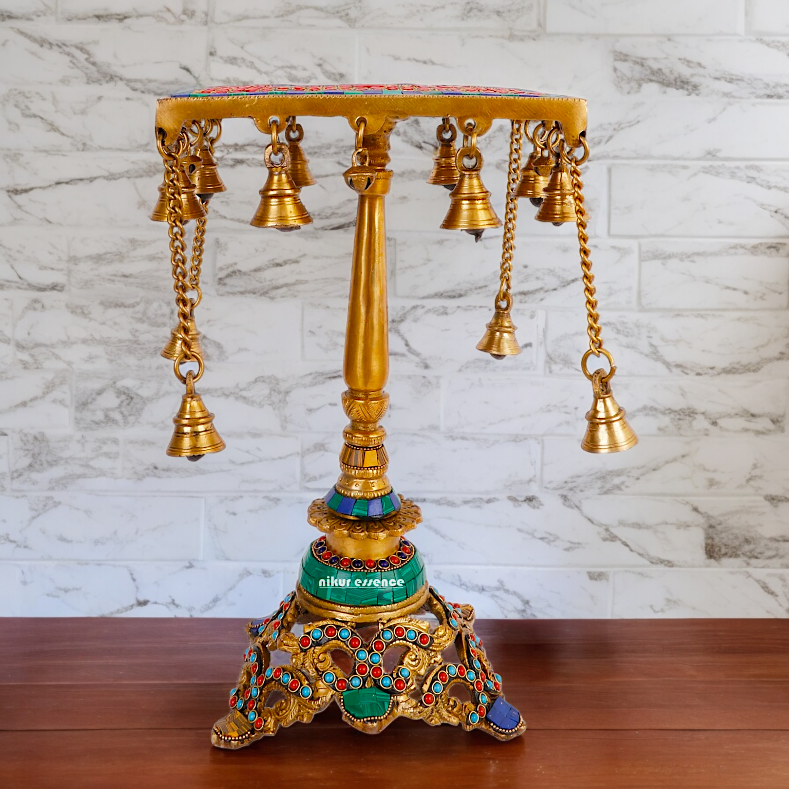 Large Brass Chowki Table with Stone Work - 14 inches Nikuressence