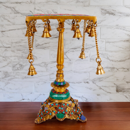 Large Brass Chowki Table with Stone Work - 14 inches Nikuressence