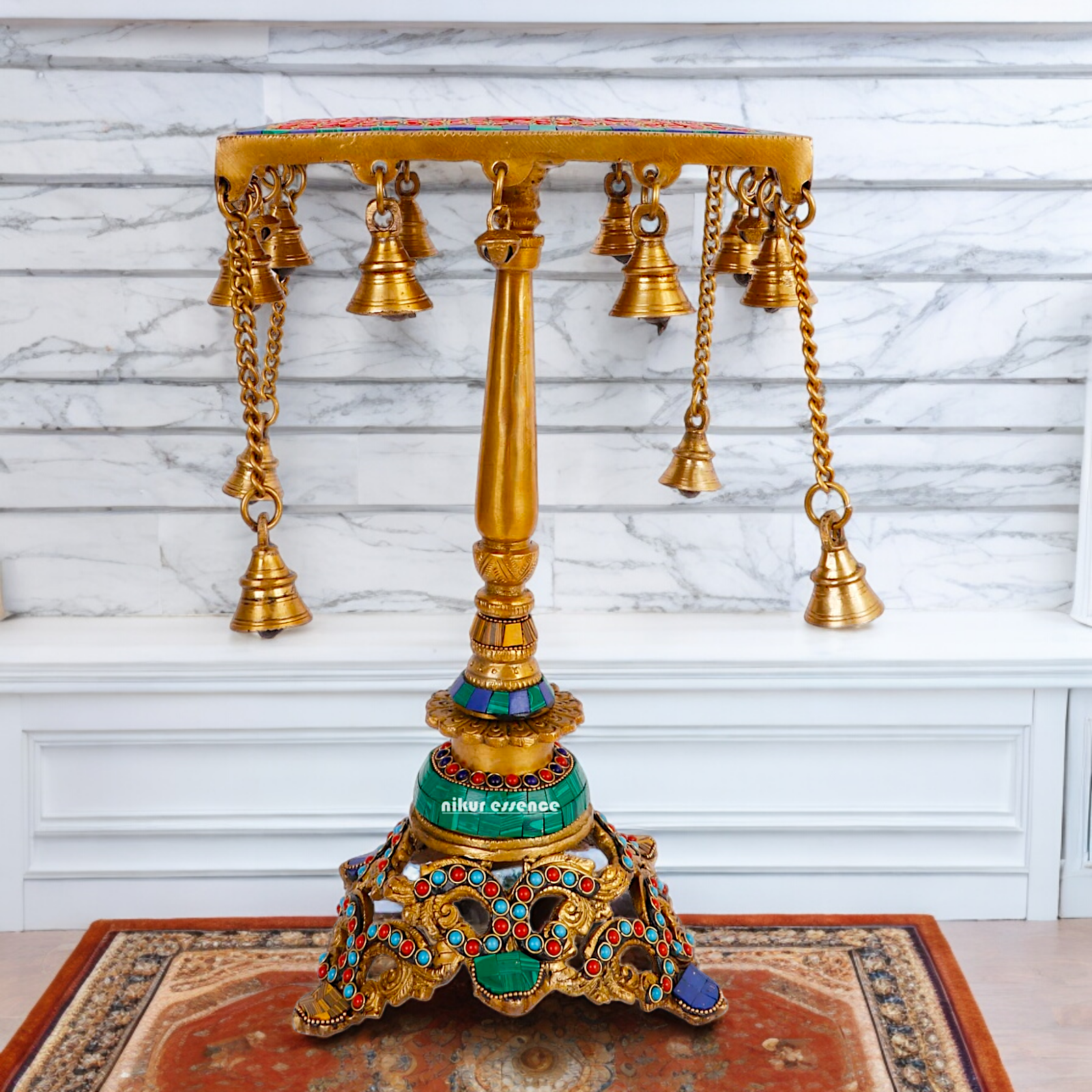 Large Brass Chowki Table with Stone Work - 14 inches Nikuressence