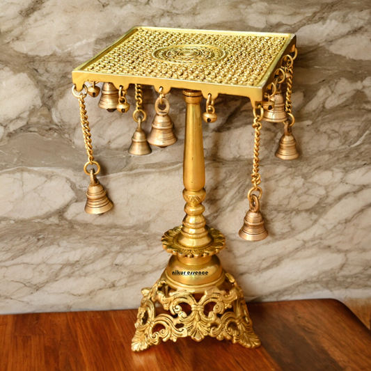 Solid Brass Table Chowki with Bells - 15 inches Nikuressence
