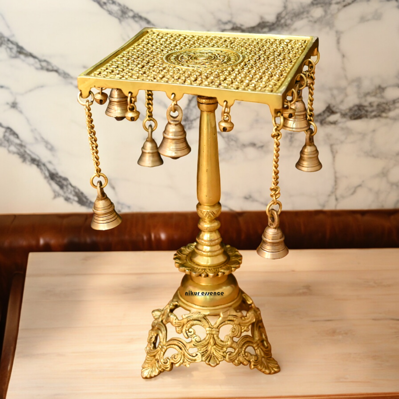 Solid Brass Table Chowki with Bells - 15 inches Nikuressence