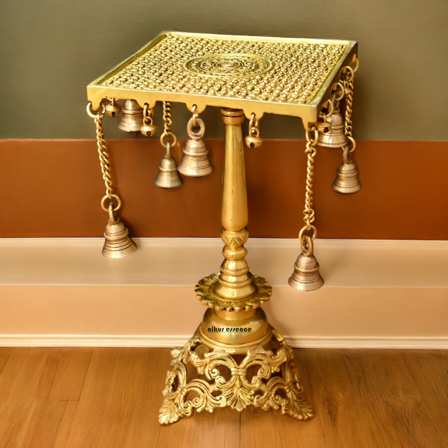 Solid Brass Table Chowki with Bells - 15 inches Nikuressence