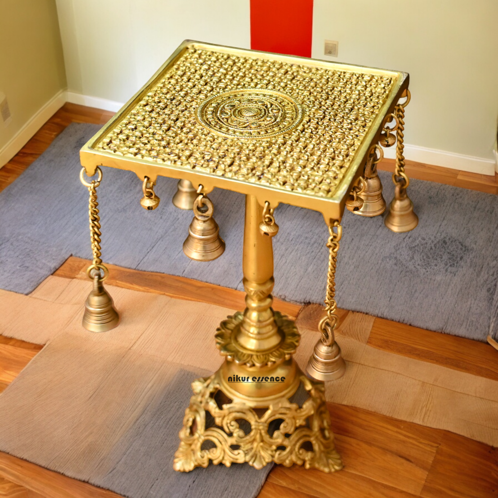 Solid Brass Table Chowki with Bells - 15 inches Nikuressence