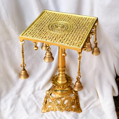 Solid Brass Table Chowki with Bells - 15 inches Nikuressence