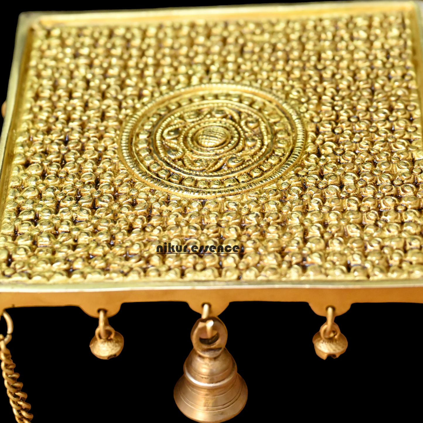 Solid Brass Table Chowki with Bells - 15 inches Nikuressence