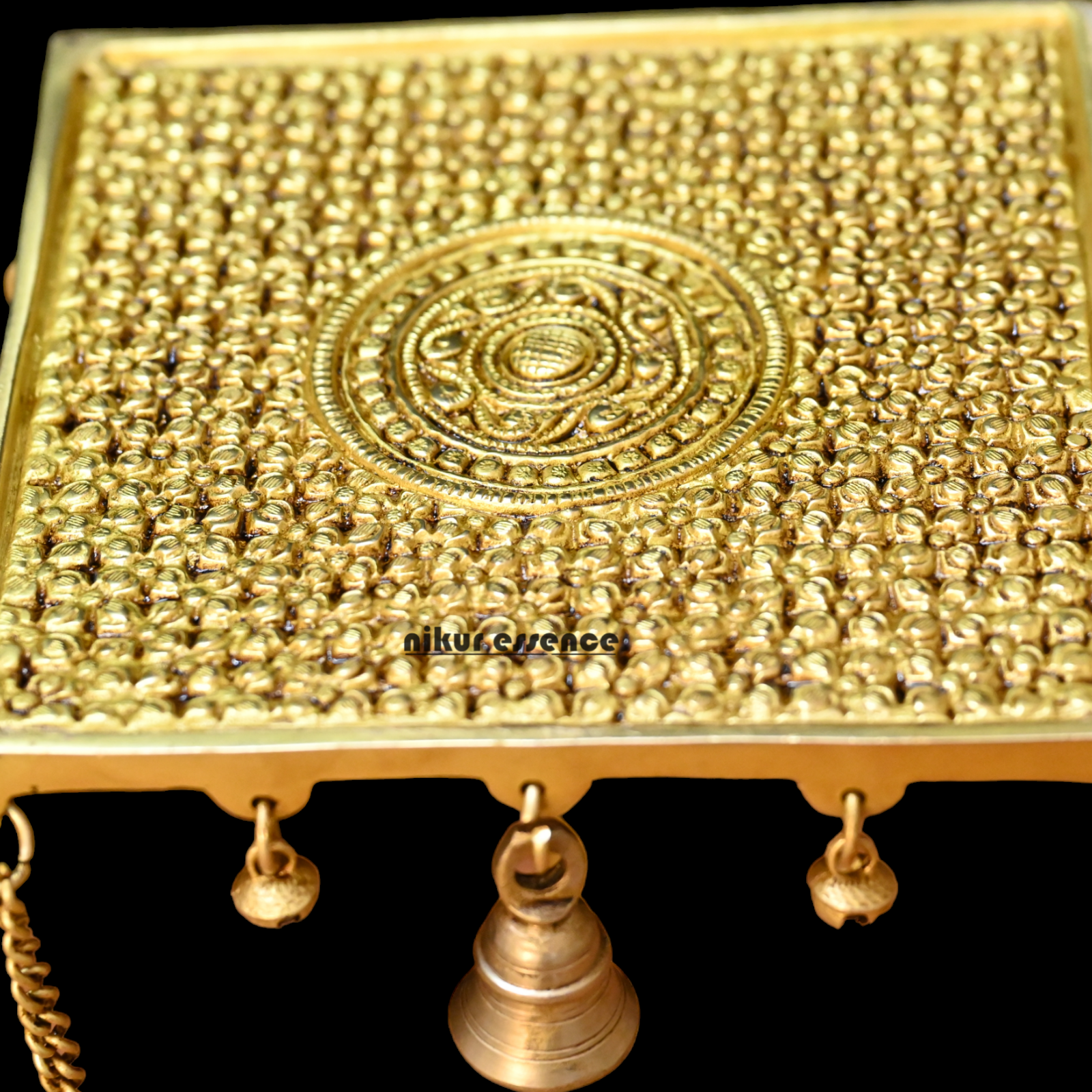 Solid Brass Table Chowki with Bells - 15 inches Nikuressence