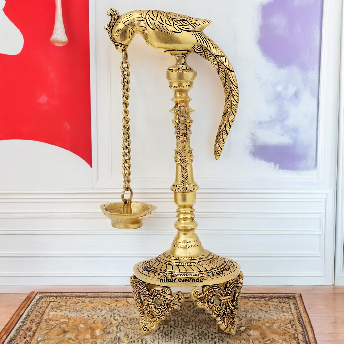 Buy Peacock Hanging Diya with Stand Solid Brass- 19 inch Nikuressence