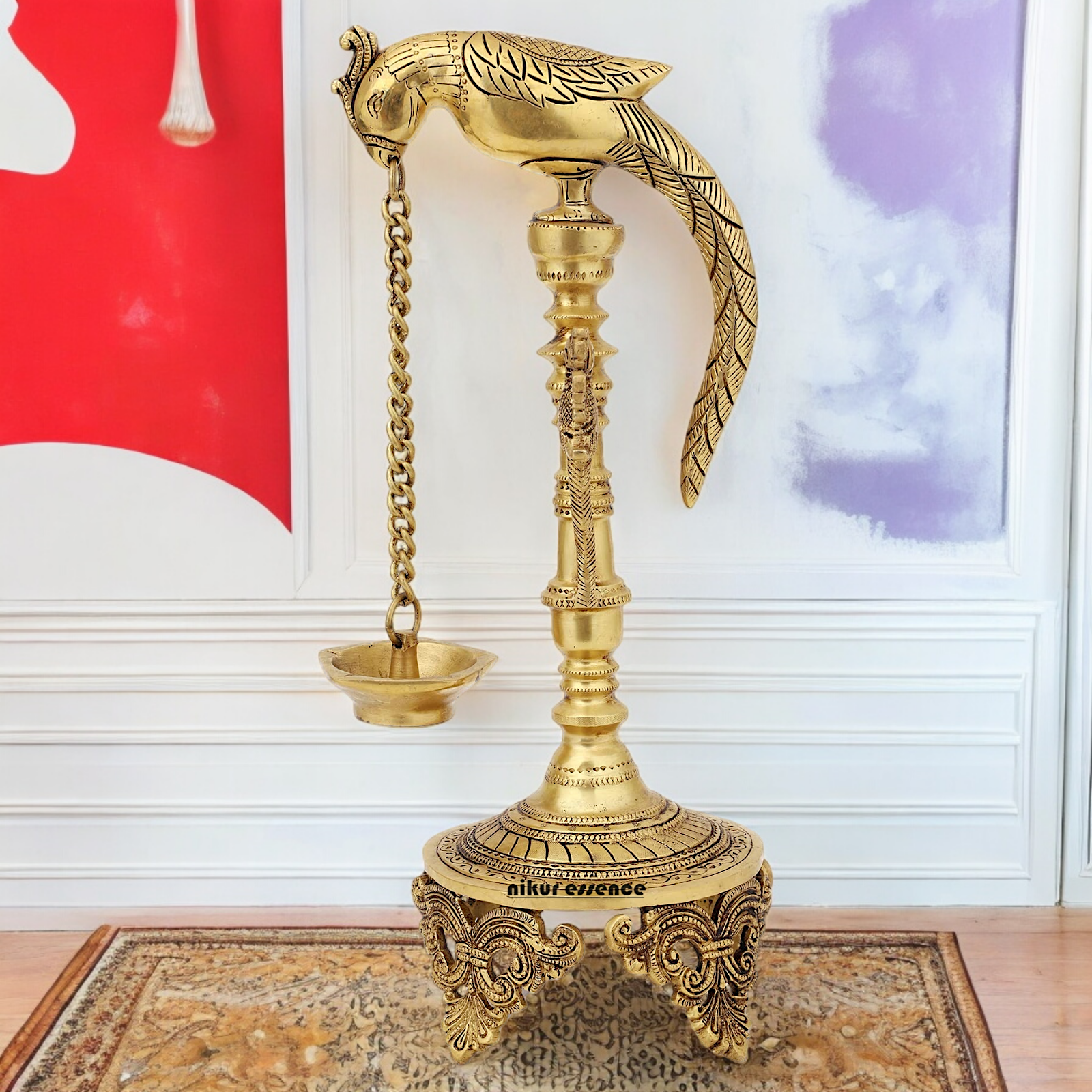 Buy Peacock Hanging Diya with Stand Solid Brass- 19 inch Nikuressence