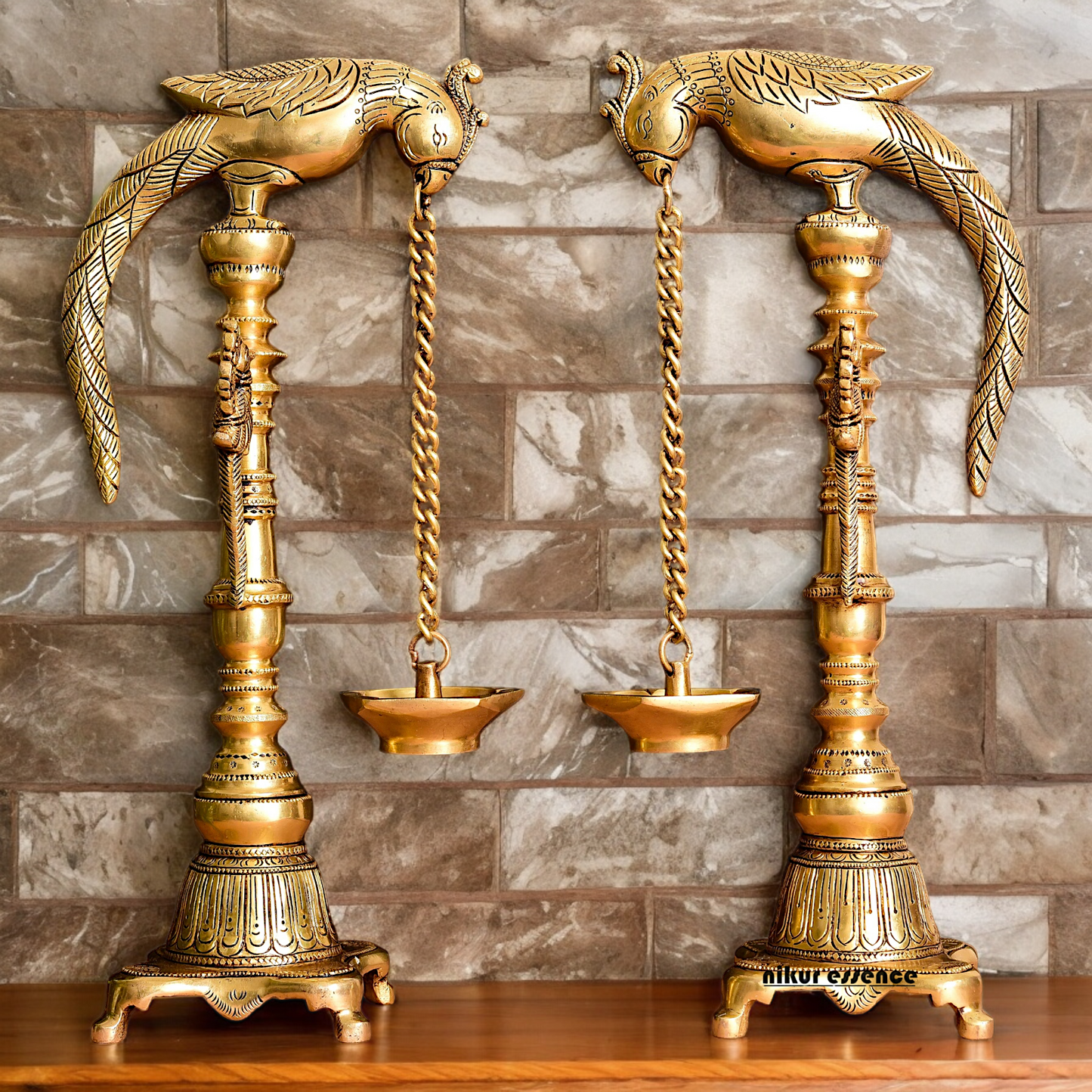 Solid Brass Pair Peacock Hanging Diya with Stand - 17 inch Nikuressence