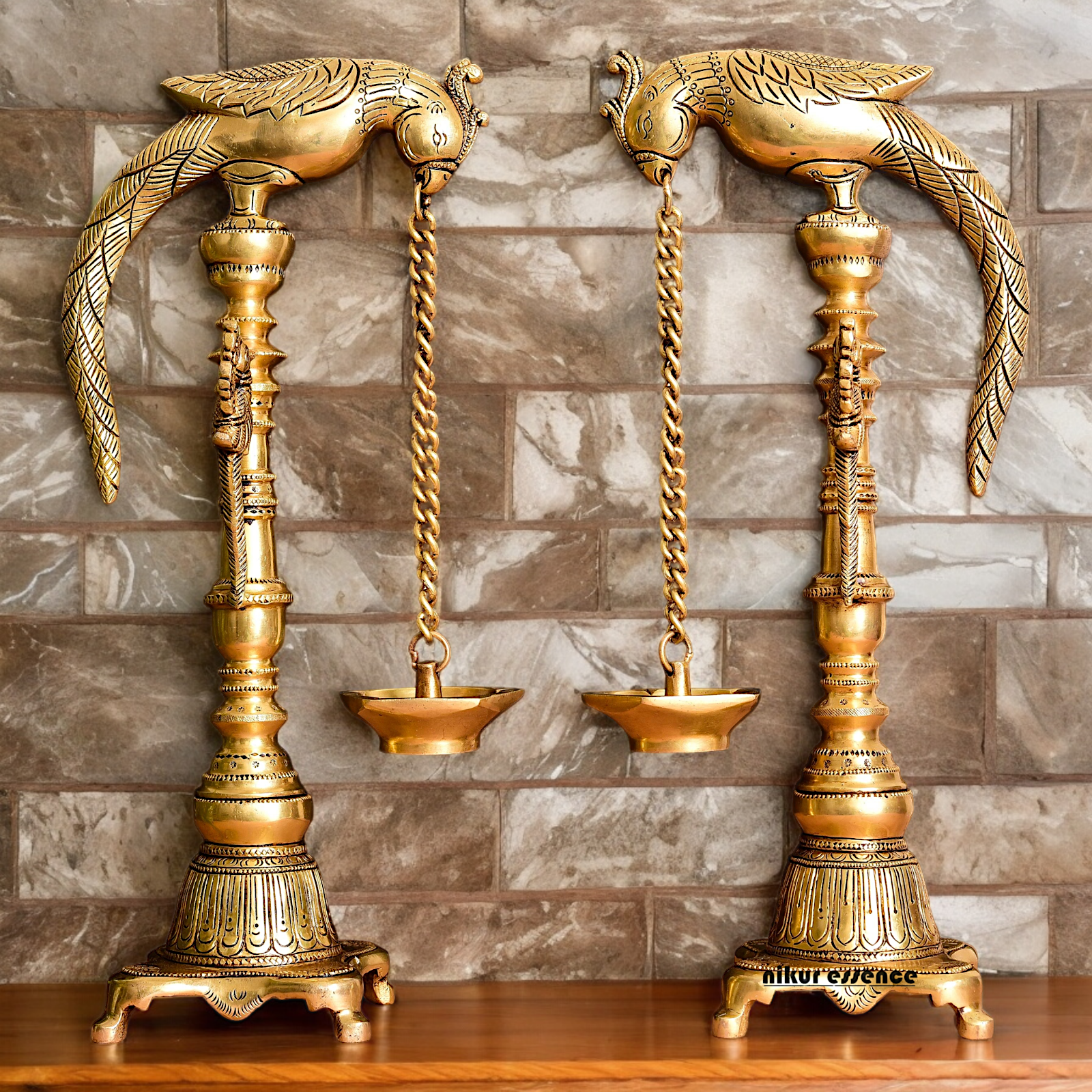 Solid Brass Pair Peacock Hanging Diya with Stand - 17 inch Nikuressence
