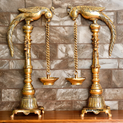 Solid Brass Pair Peacock Hanging Diya with Stand - 17 inch Nikuressence