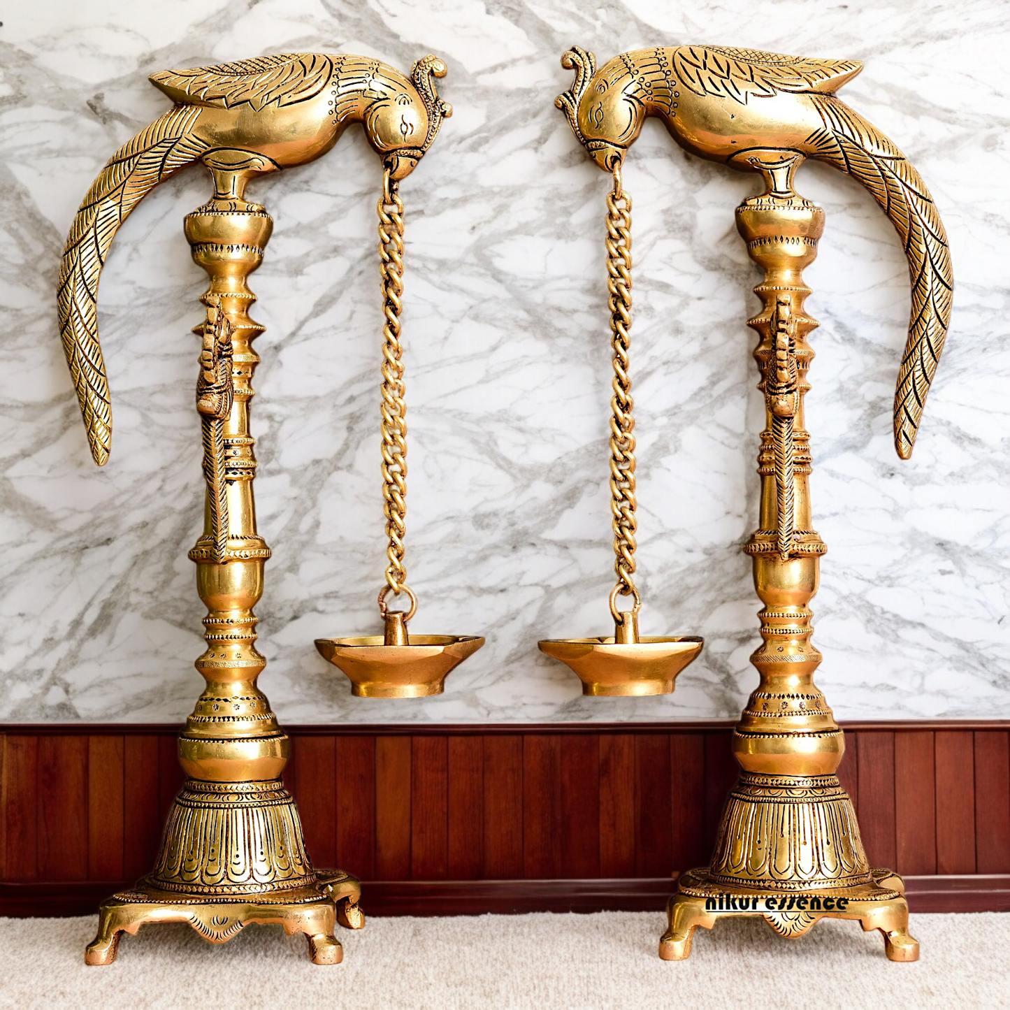 Solid Brass Pair Peacock Hanging Diya with Stand - 17 inch Nikuressence