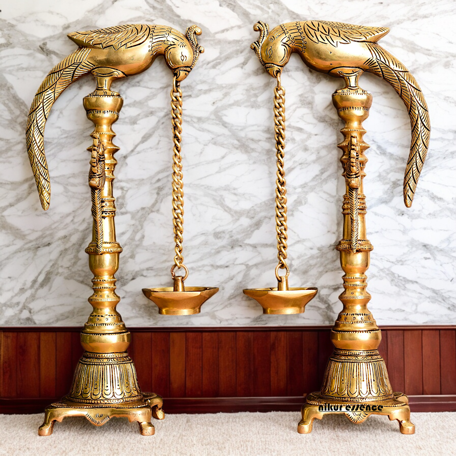 Solid Brass Pair Peacock Hanging Diya with Stand - 17 inch Nikuressence