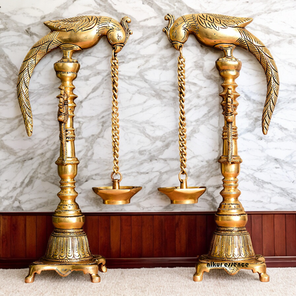 Solid Brass Pair Peacock Hanging Diya with Stand - 17 inch Nikuressence