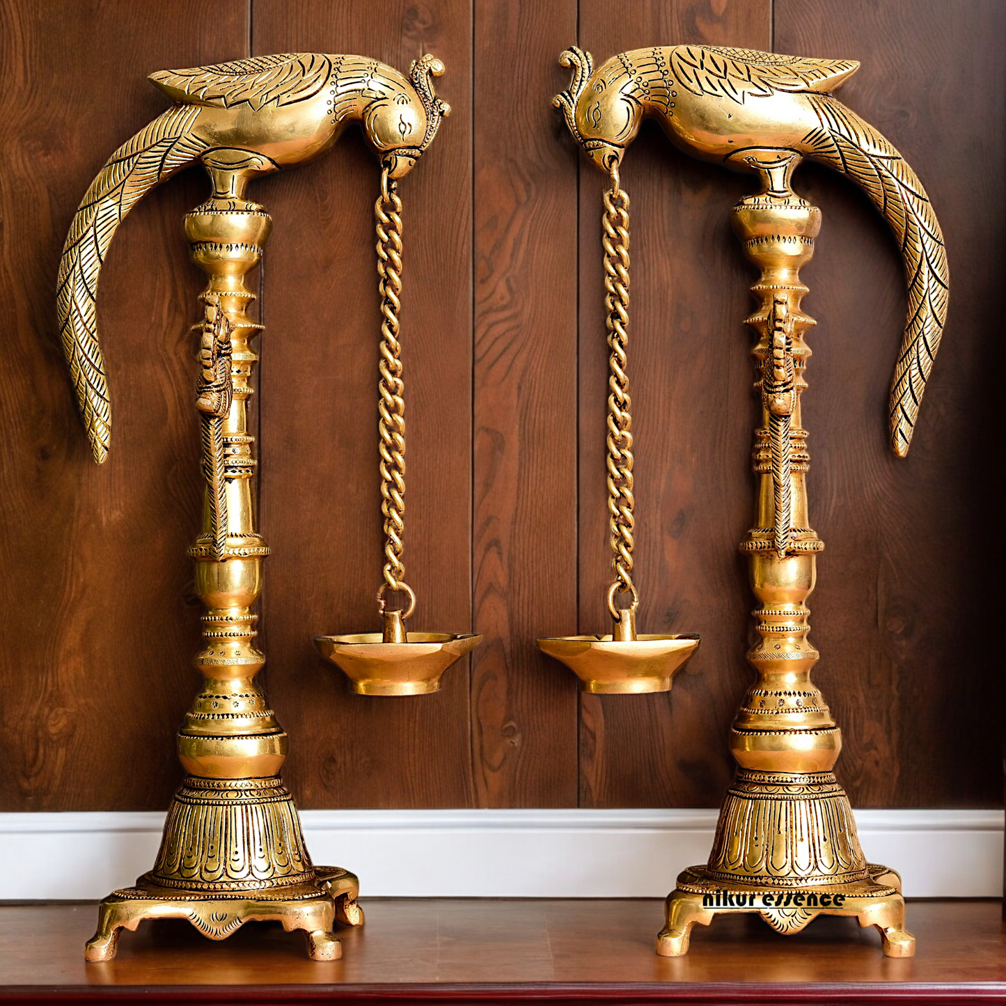 Solid Brass Pair Peacock Hanging Diya with Stand - 17 inch Nikuressence