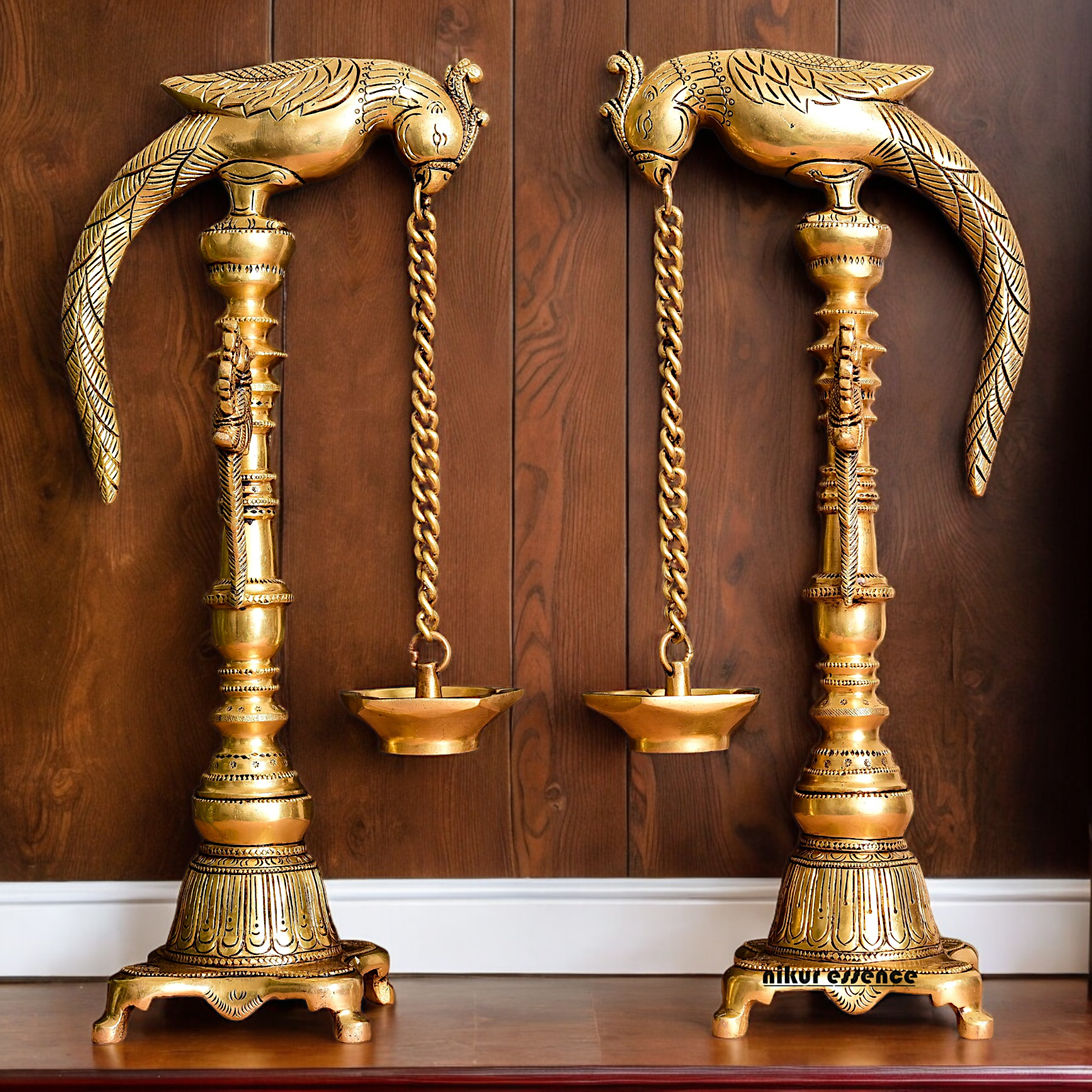 Solid Brass Pair Peacock Hanging Diya with Stand - 17 inch Nikuressence