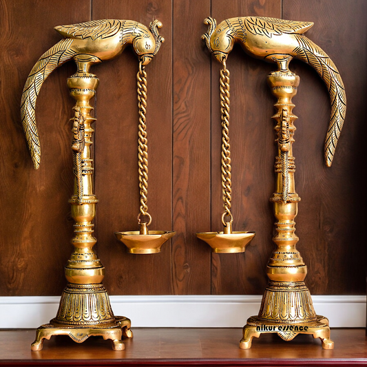 Solid Brass Pair Peacock Hanging Diya with Stand - 17 inch Nikuressence