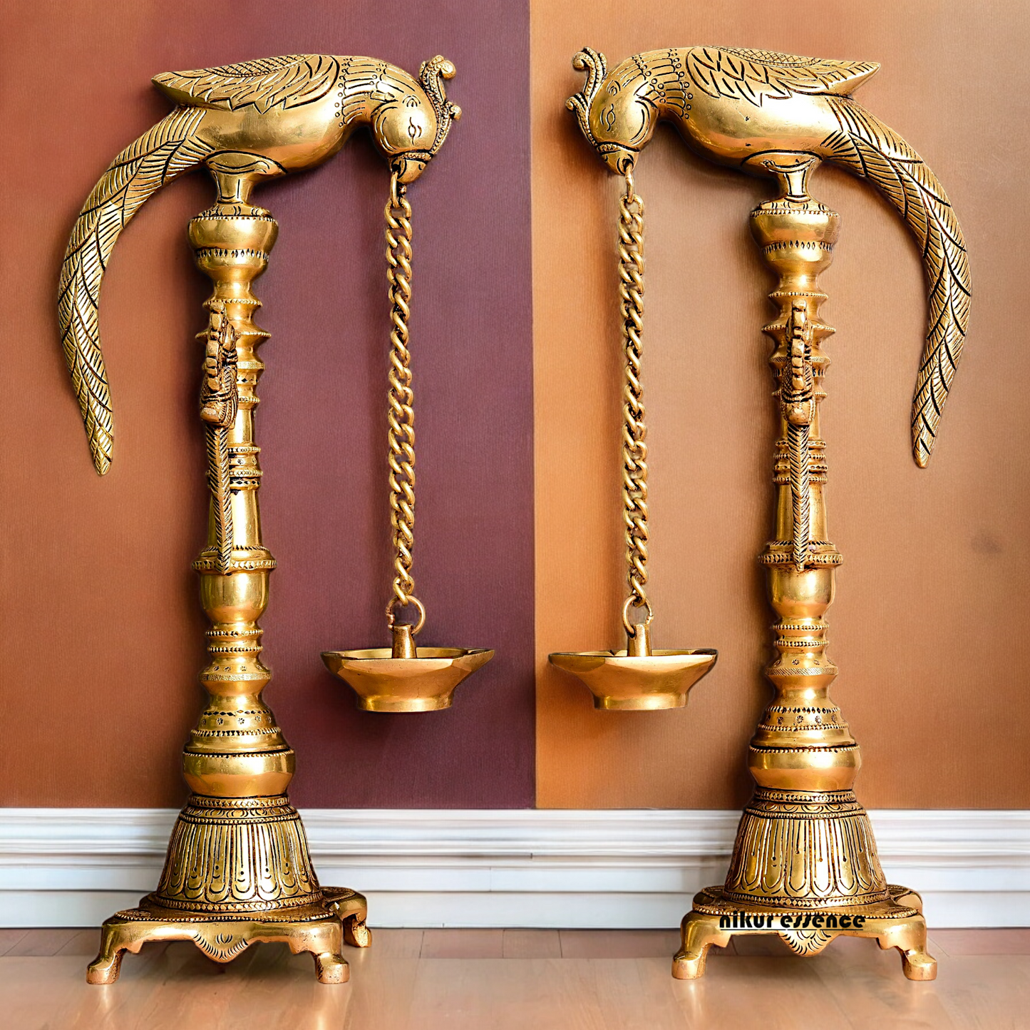 Solid Brass Pair Peacock Hanging Diya with Stand - 17 inch Nikuressence