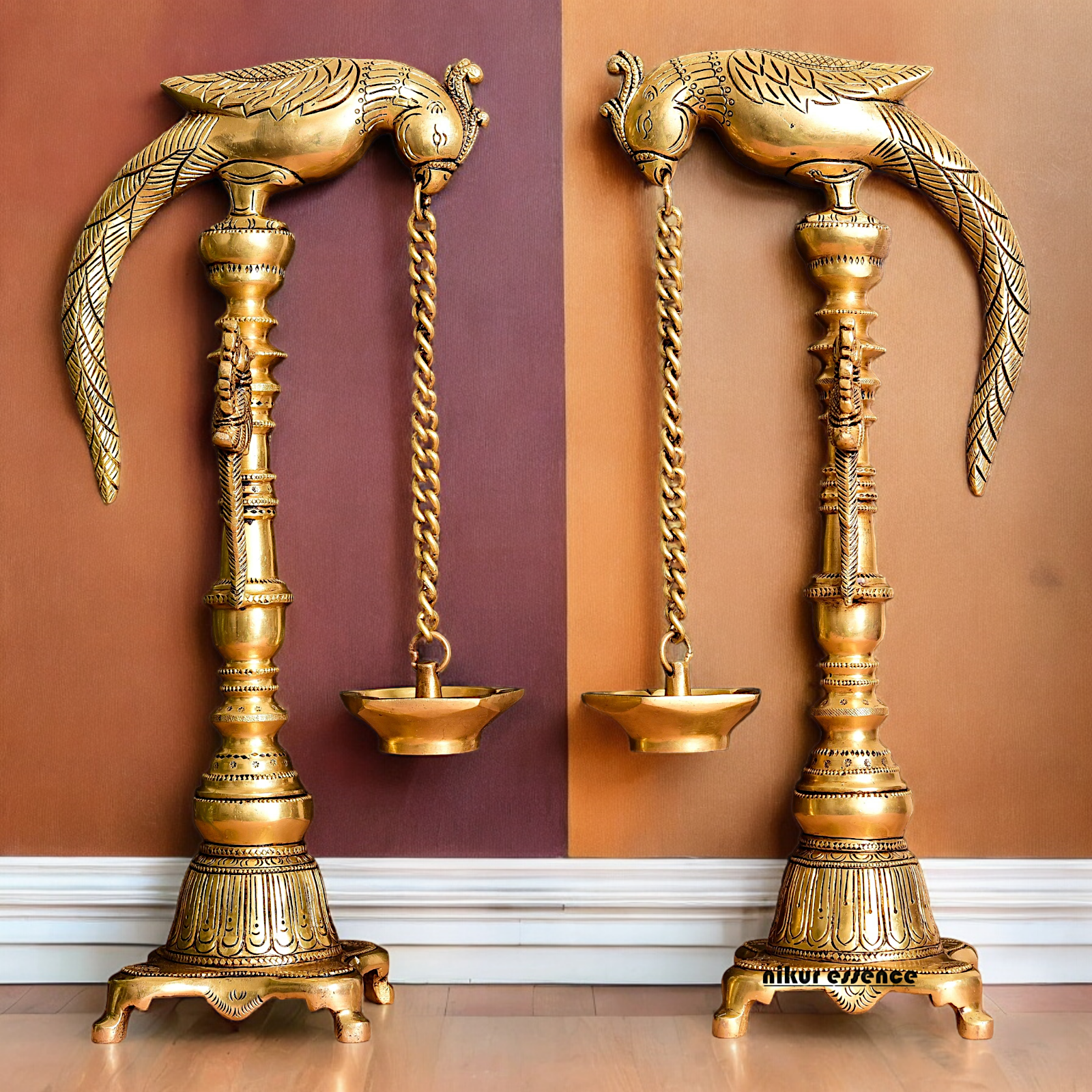 Solid Brass Pair Peacock Hanging Diya with Stand - 17 inch Nikuressence