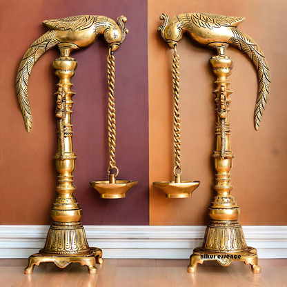 Solid Brass Pair Peacock Hanging Diya with Stand - 17 inch Nikuressence