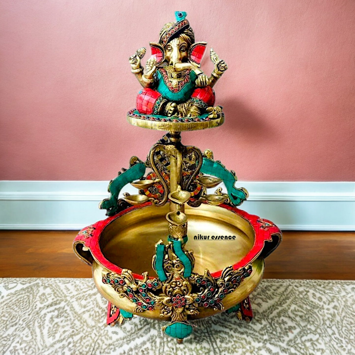 Large Ganesh Urli with diyas stone work brass - 22 Inch Nikuressence