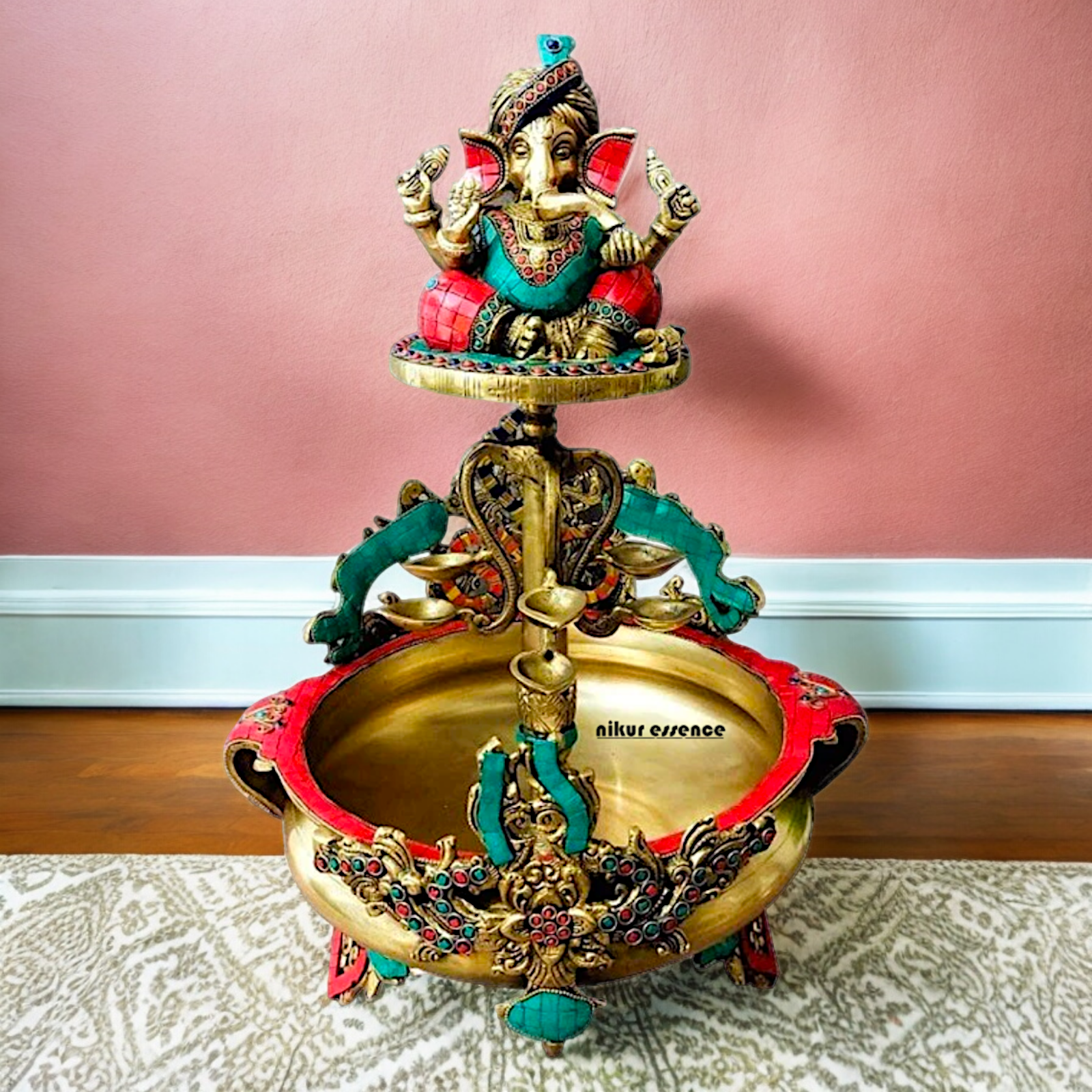 Large Ganesh Urli with diyas stone work brass - 22 Inch Nikuressence