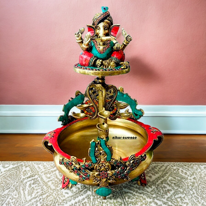 Large Ganesh Urli with diyas stone work brass - 22 Inch Nikuressence