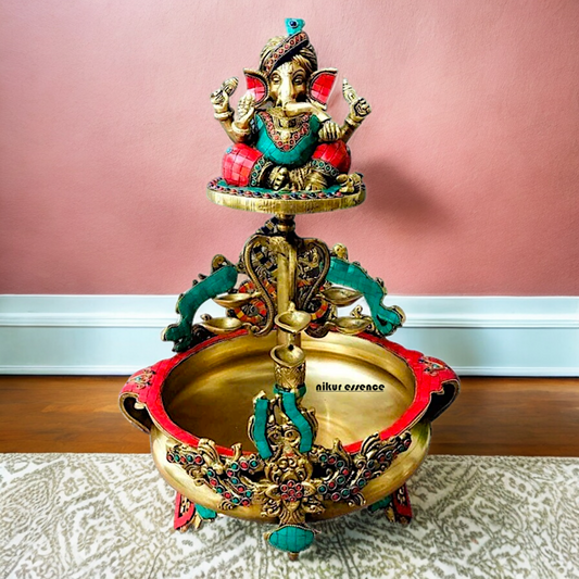 Large Ganesh Urli with diyas stone work brass - 22 Inch Nikuressence