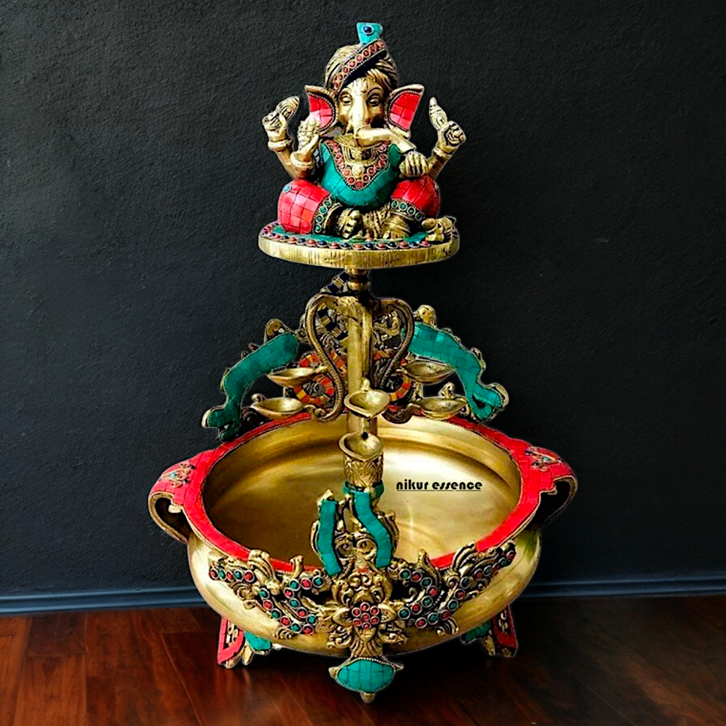 Large Ganesh Urli with diyas stone work brass - 22 Inch Nikuressence